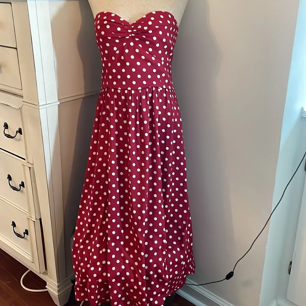 Reformation Strapless Raspberry Polka Dot Midi Dress - Picture 7 of 8
